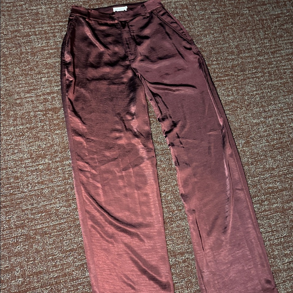 Good American trouser burgundy maroon satin metallic shiny high waisted wide leg